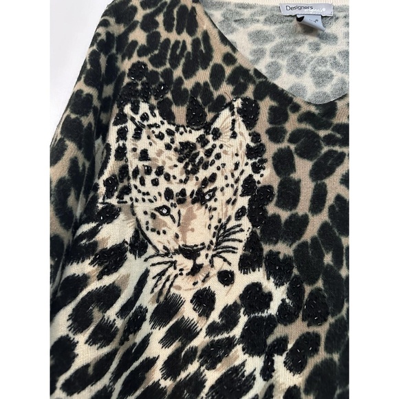 Designers Original Womens Cheetah Print Long Sleeve Top w Beads Size M - Picture 2 of 4